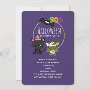 Cute Halloween Cat, Bat & Mummy Boo Birthday Invitation