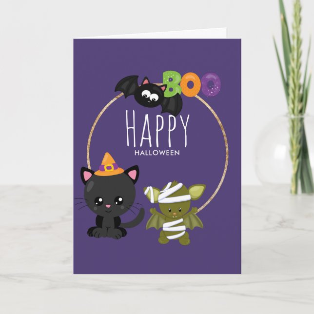 Cute Halloween Cat, Bat & Mummy Boo Card (Front)