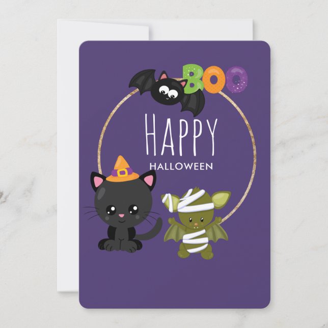 Cute Halloween Cat, Bat & Mummy Boo Holiday Card (Front)
