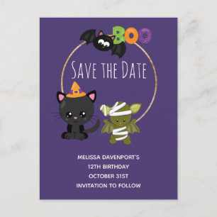 Cute Halloween Cat, Bat & Mummy Boo  Save the Date Invitation Postcard