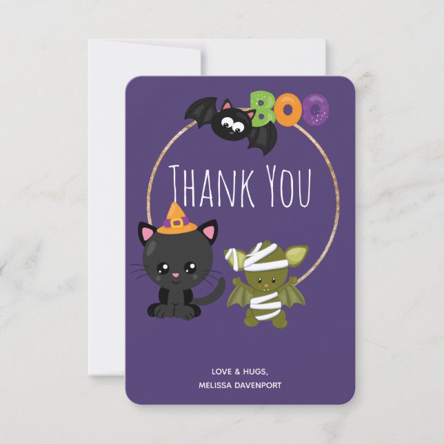 Cute Halloween Cat, Bat & Mummy Boo Thank You Card (Front)