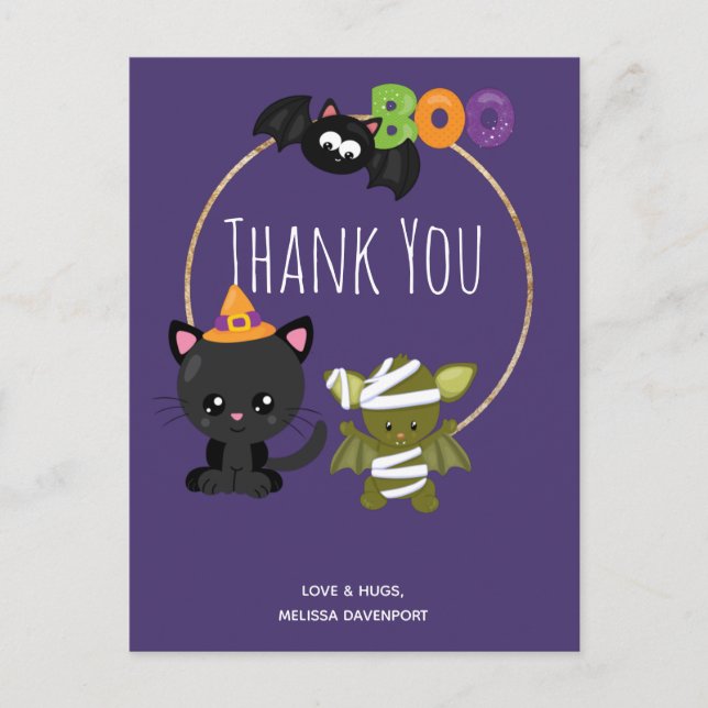Cute Halloween Cat, Bat & Mummy Boo Thank You Postcard (Front)
