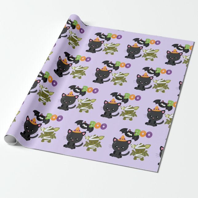 Cute Halloween Cat, Bat & Mummy Boo Wrapping Paper (Unrolled)