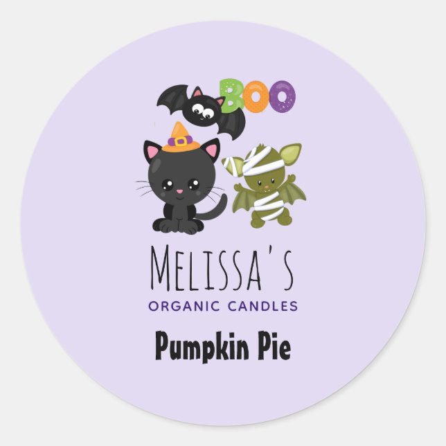 Cute Halloween Cat, Bat & Mummy Candle Classic Round Sticker (Front)