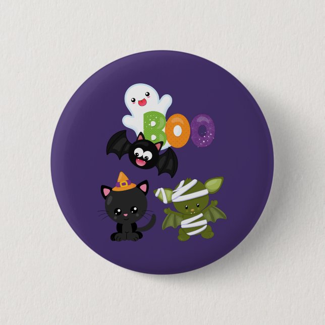 Cute Halloween Cat, Bat, Mummy & Ghost 6 Cm Round Badge (Front)