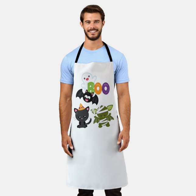 Cute Halloween Cat, Bat, Mummy & Ghost Apron (Worn)