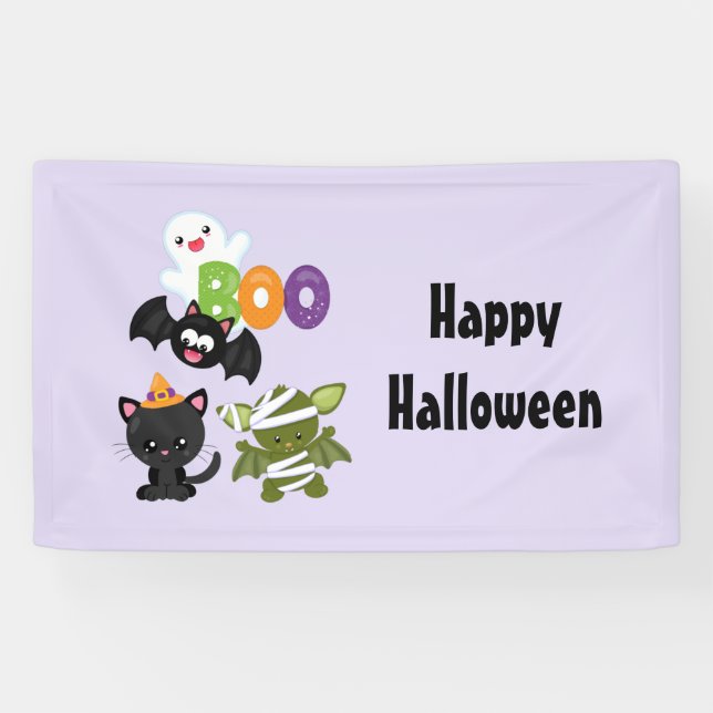 Cute Halloween Cat, Bat, Mummy & Ghost Banner (Horizontal)