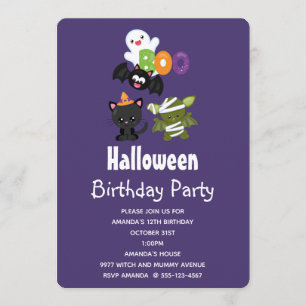 Cute Halloween Cat, Bat, Mummy & Ghost Birthday Invitation