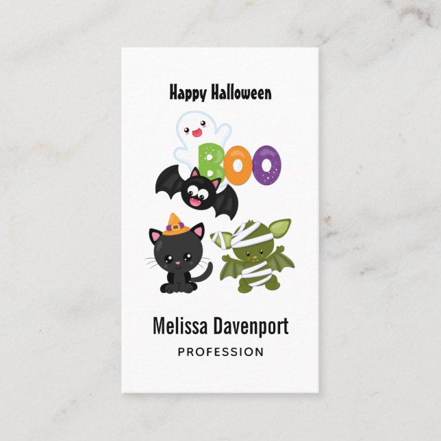Cute Halloween Cat, Bat, Mummy & Ghost Business Card (Front)