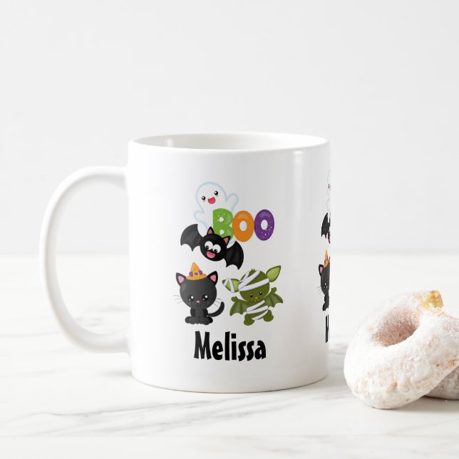 Cute Halloween Cat, Bat, Mummy & Ghost Coffee Mug (With Donut)