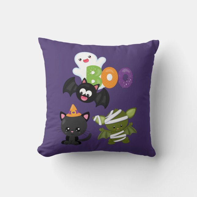 Cute Halloween Cat, Bat, Mummy & Ghost Cushion (Front)