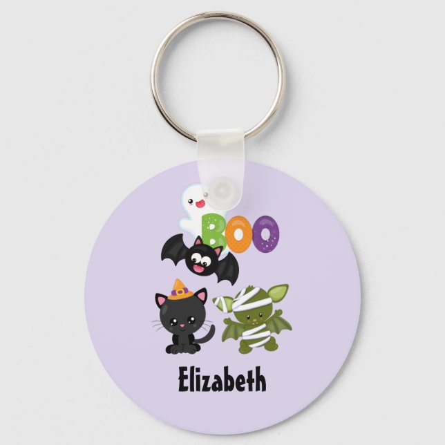 Cute Halloween Cat, Bat, Mummy & Ghost Key Ring (Front)