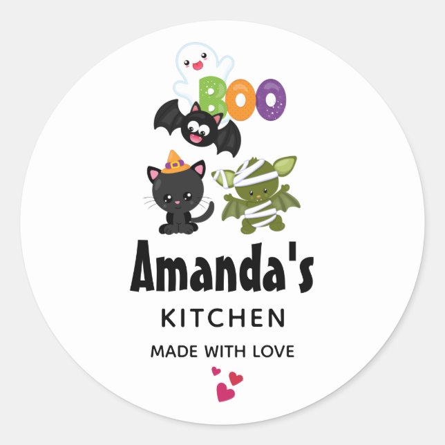 Cute Halloween Cat, Bat, Mummy & Ghost Kitchen Classic Round Sticker (Front)