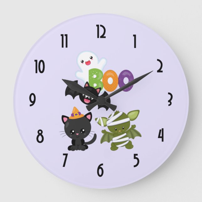 Cute Halloween Cat, Bat, Mummy & Ghost Large Clock (Front)
