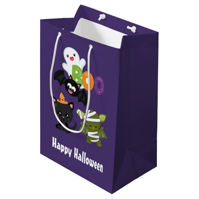 Cute Halloween Cat, Bat, Mummy & Ghost Medium Gift Bag (Front Angled)