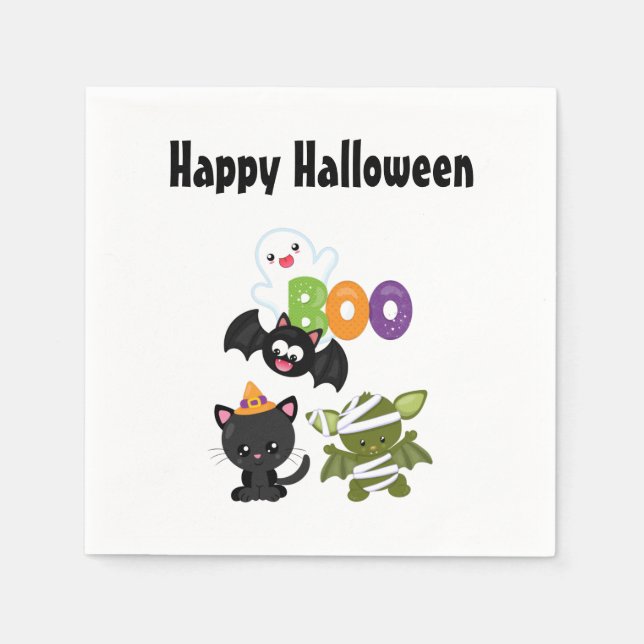 Cute Halloween Cat, Bat, Mummy & Ghost Napkin (Front)