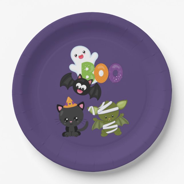 Cute Halloween Cat, Bat, Mummy & Ghost Paper Plate (Front)