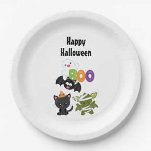 Cute Halloween Cat, Bat, Mummy & Ghost Paper Plate