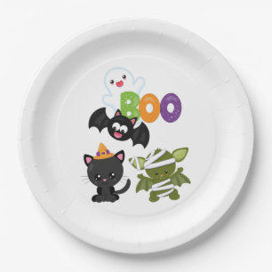 Cute Halloween Cat, Bat, Mummy & Ghost Paper Plate