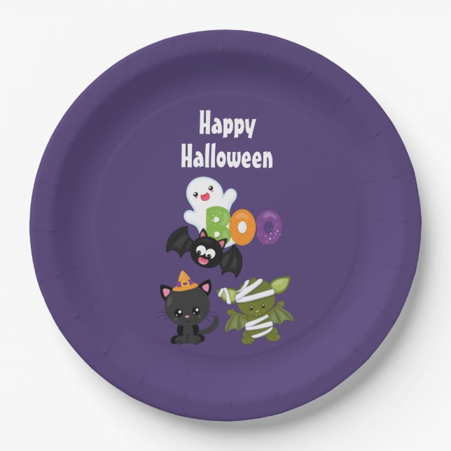 Cute Halloween Cat, Bat, Mummy & Ghost Paper Plate (Front)