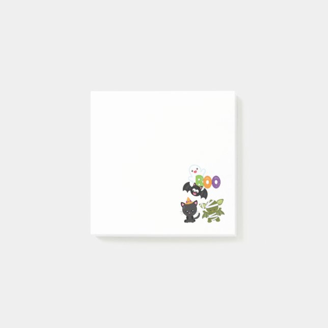 Cute Halloween Cat, Bat, Mummy & Ghost Post-it Notes (Front)