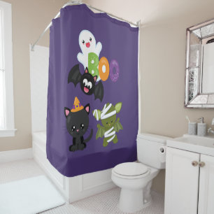 Cute Halloween Cat, Bat, Mummy & Ghost Shower Curtain