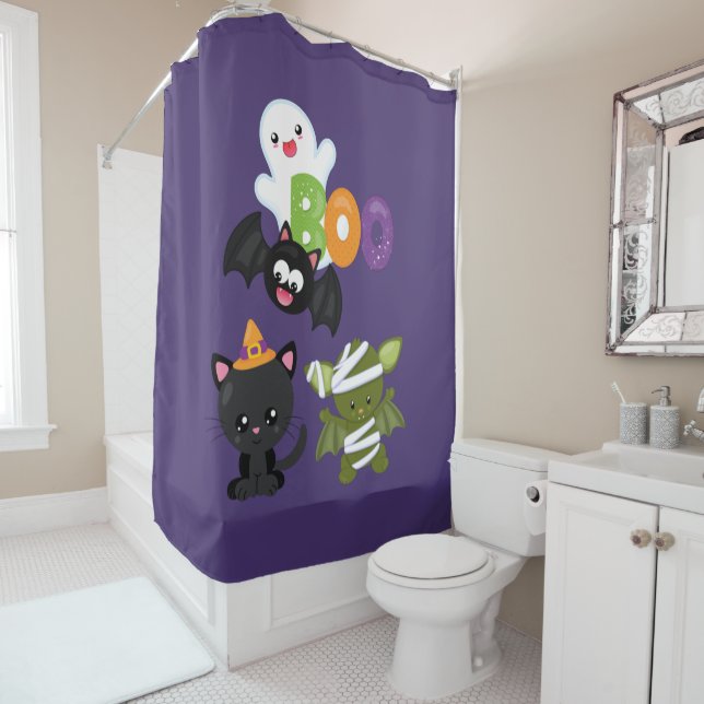 Cute Halloween Cat, Bat, Mummy & Ghost Shower Curtain (In Situ)