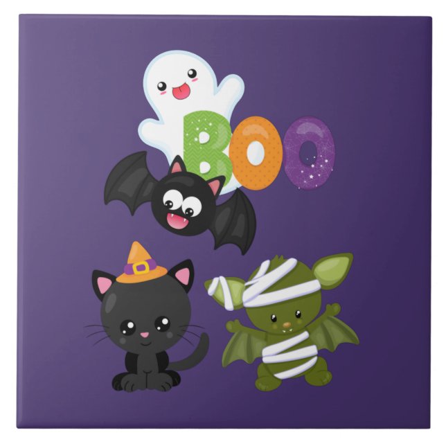 Cute Halloween Cat, Bat, Mummy & Ghost Tile (Front)