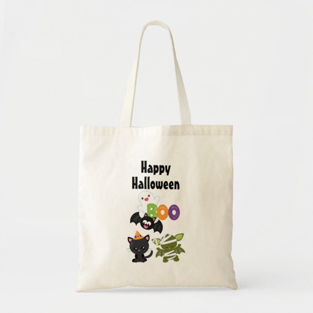 Cute Halloween Cat, Bat, Mummy & Ghost Tote Bag (Front)