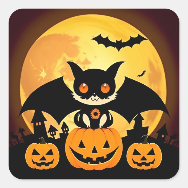 Cute Halloween Cat Character Pumpkins Spooky Decor Square Sticker (Front)