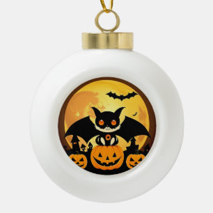 Cute Halloween Cat Character with Pumpkins Ceramic Ball Christmas Ornament