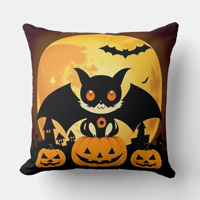 Cute Halloween Cat Character with Pumpkins Cushion (Front)