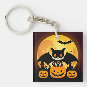 Cute Halloween Cat Character with Pumpkins Key Ring