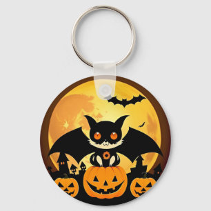 Cute Halloween Cat Character with Pumpkins Key Ring