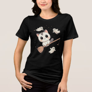 Cute Halloween Cat Flying on Broom T-Shirt Tri-Blend Shirt
