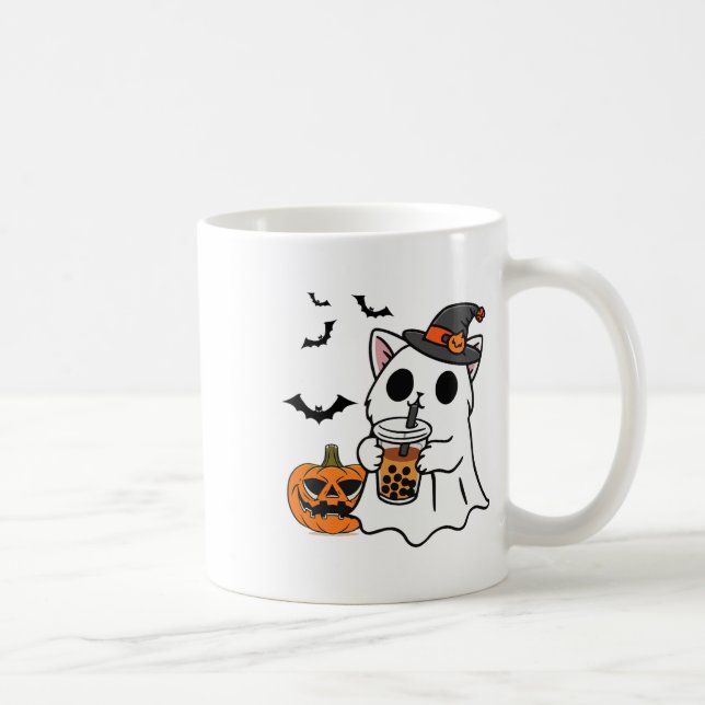 Cute Halloween Cat In Ghost Costume Drinking Boba  Coffee Mug (Right)