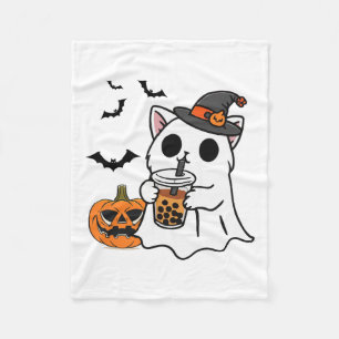 Cute Halloween Cat In Ghost Costume Drinking Boba Fleece Blanket
