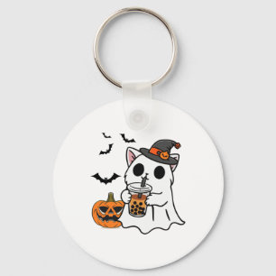 Cute Halloween Cat In Ghost Costume Drinking Boba Key Ring