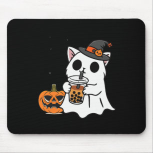 Cute Halloween Cat In Ghost Costume Drinking Boba Mouse Mat