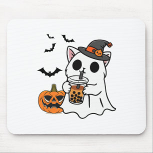 Cute Halloween Cat In Ghost Costume Drinking Boba Mouse Mat