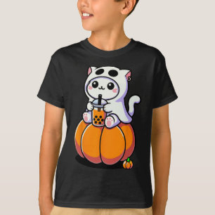 Cute Halloween Cat In Ghost Costume Drinking Boba T-Shirt