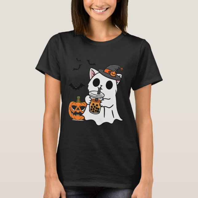 Cute Halloween Cat In Ghost Costume Drinking Boba  T-Shirt (Front)