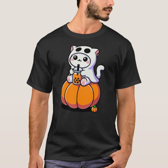 Cute Halloween Cat in Ghost Costume Drinking Boba  T-Shirt (Front)