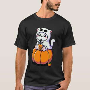 Cute Halloween Cat in Ghost Costume Drinking Boba T-Shirt