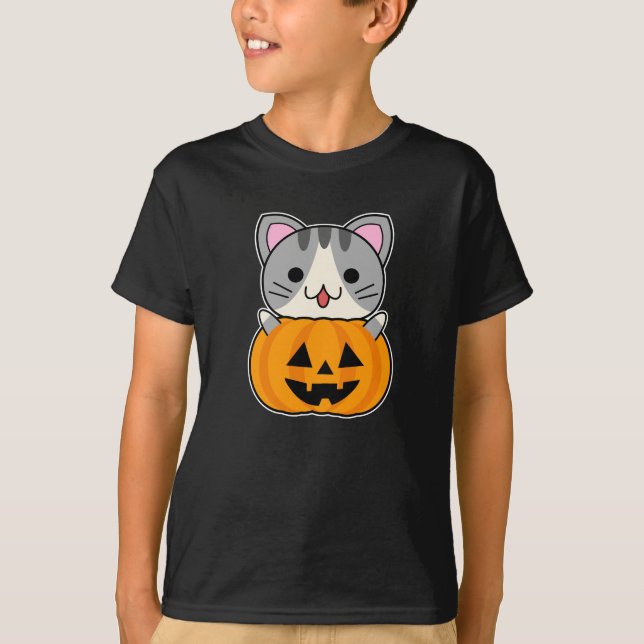 Cute Halloween Cat in Jack o Lantern T-Shirt (Front)