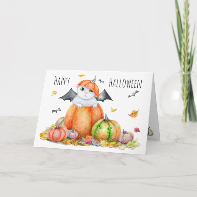 Cute Halloween Cat in Pumpkin Card (Front)