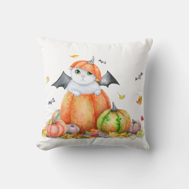 Cute Halloween Cat in Pumpkin Cushion (Front)