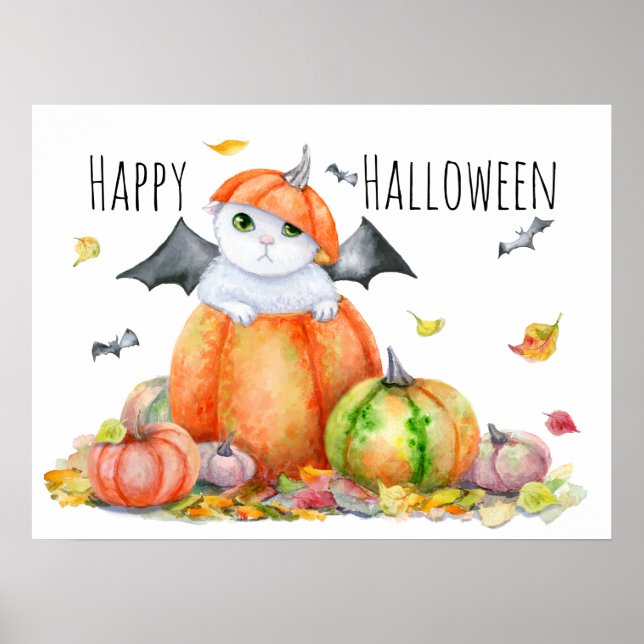 Cute Halloween Cat in Pumpkin Poster (Front)