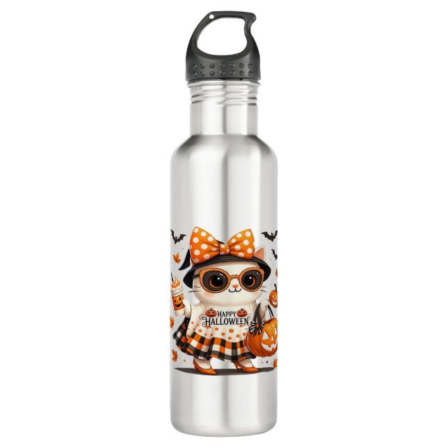 Cute Halloween Cat – Kawaii Witch Kitty with Pumpk 710 Ml Water Bottle (Front)