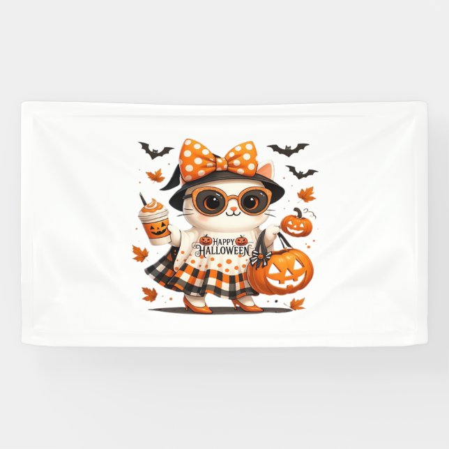 Cute Halloween Cat – Kawaii Witch Kitty with Pumpk Banner (Horizontal)